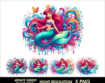 5 PNG Cute Little Princess Mermaid Bundle Ariel Clipart 300DPI High Resolution Little Mermaid Png Sublimation Design Princess Birthday Png