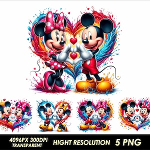 5 PNG Cuore Topolino e Minnie Bundle Design Alta Qualità Sublimazione Download Digitale Acquerello Minnie e Topolino Clipart Mouse Amore Png