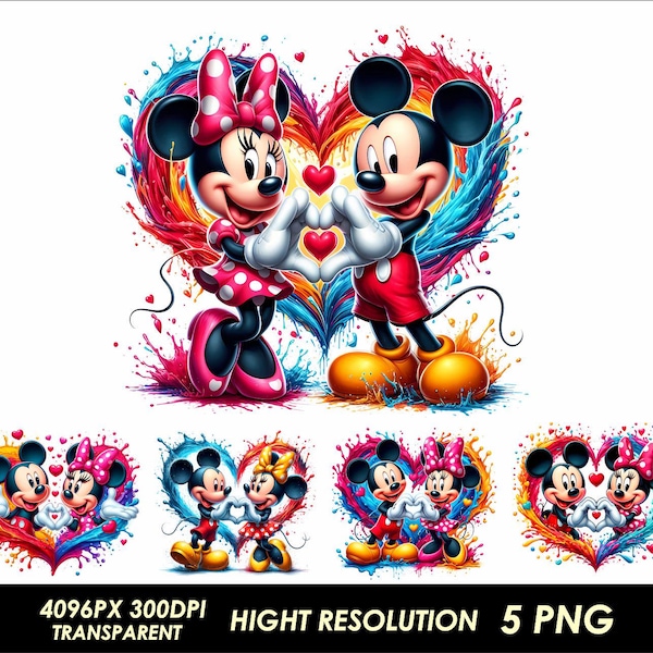 5 PNG Heart Mickey and Minnie Bundle Design High Quality Sublimation Digital Download Watercolor Minnie and Mickey Clipart Mouse Love Png