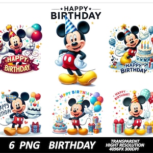 Paquete de diseño de cumpleaños de Mickey de 6 PNG, resolución de alta calidad, descarga digital por sublimación, diseño de camiseta de Mickey Mouse, clipart de cumpleaños PNG