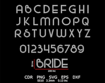May include: A white rhinestone alphabet and number font with the word "BRIDE" in the bottom center. The font is 5.9 inches tall and 200 inches wide. The font is available in CDR, PNG, SVG, EPS, and DXF formats. The font is also available in SS10, 3.3mm, and 0.13 inches.