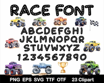 May include: A set of 23 clipart images featuring monster trucks in various colors, including yellow, red, blue, green, and purple. The images include a full alphabet, numbers 1-9, and a trophy. The images are designed in a race car font style with a black outline and white stitching.