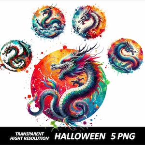 May include: Five colorful watercolor illustrations of dragons. Each dragon is depicted in a circular frame with a watercolor background. The dragons are in various poses, with their scales and wings rendered in vibrant hues of red, blue, green, and yellow.