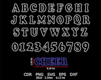 May include: A white rhinestone alphabet and number set with a blue rhinestone "CHEER" word art design. The design is 8.20 inches wide and 1.93 inches tall.