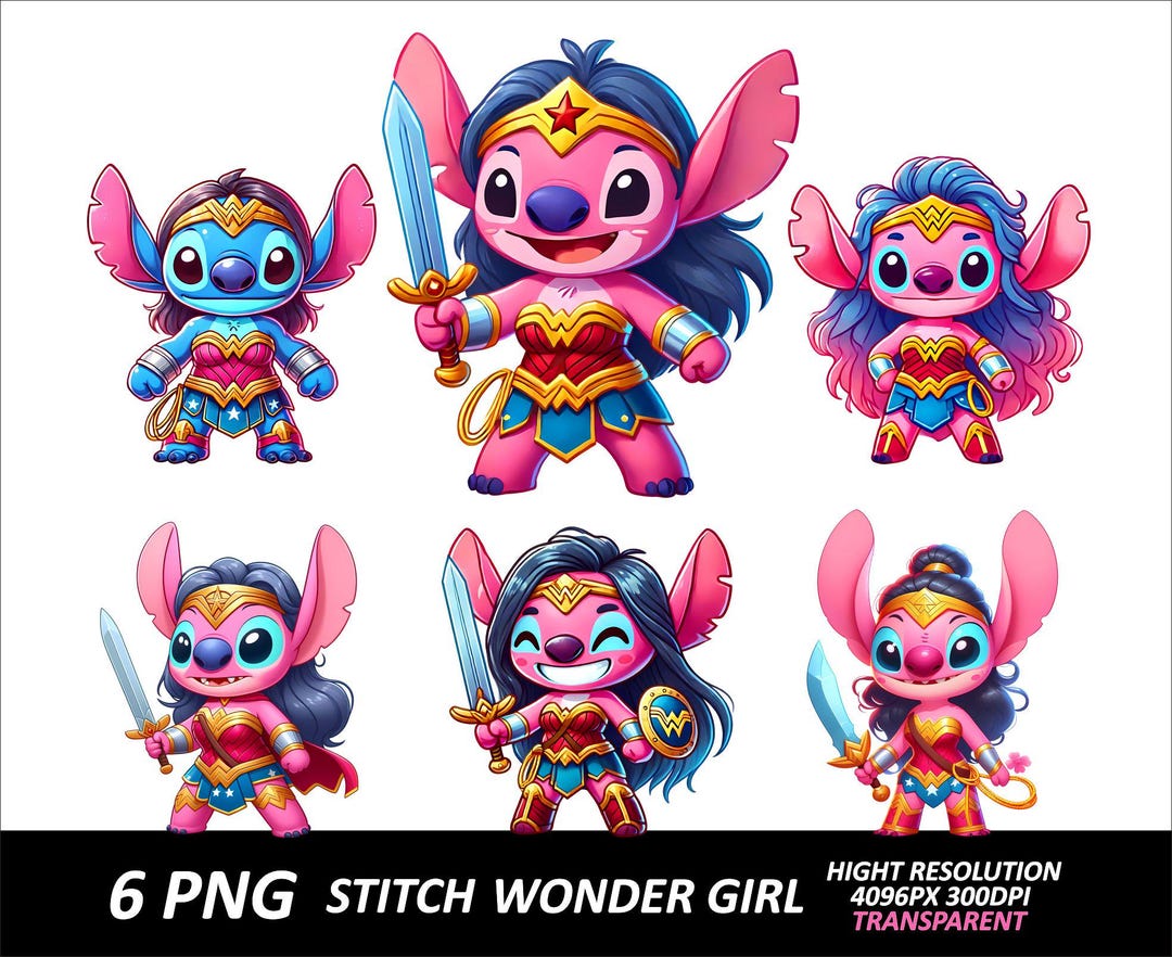 6 imagens PNG de uma mulher com o desenho do Stitch, um desenho de ...