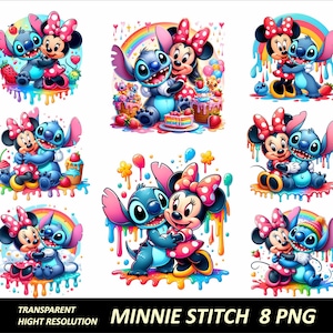 8 PNG Stitch en Minnie bundel ontwerp hoge kwaliteit sublimatie digitale download Stitch Minnie T-shirt PNG ontwerp muis clipart