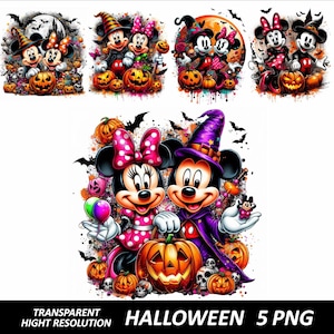Paquete de 5 diseños de Halloween en formato PNG de Mickey y Minnie, sublimación de alta calidad, descarga digital, diseño de Halloween en formato PNG