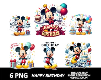 Paquete de 6 diseños de cumpleaños de Mickey PNG de alta calidad, resolución de sublimación, descarga digital, diseño de camiseta de Mickey, clipart de cumpleaños de ratón PNG