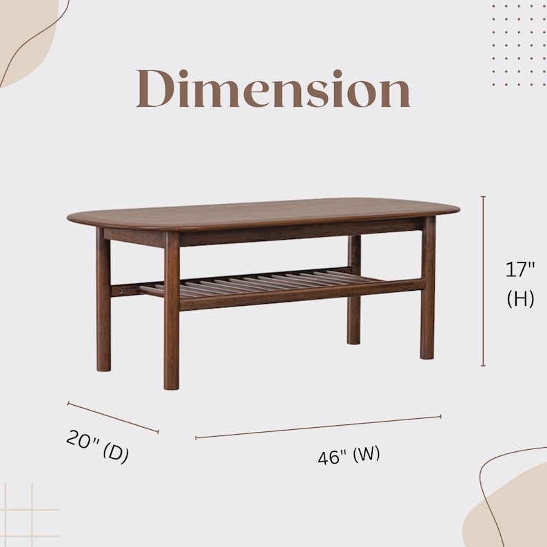 Puede incluir: Una mesa de centro de madera marr&oacute;n oscuro con un estante inferior. La mesa mide 117 cm de ancho, 51 cm de profundidad y 43 cm de alto.