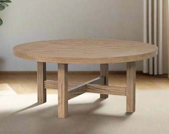 Handcrafted Oak Wood Round Coffee Table in Seadrift Finish: Modern X-Base Design