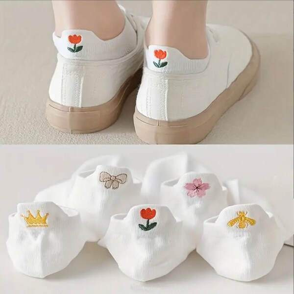 Embroidery Ankle Socks, Cute, Lightweight Spring/ Summer Low Cut Socks, Women's Stockings & Hosiery, Casual Wear, Flowers, Bee, Crown, Bow