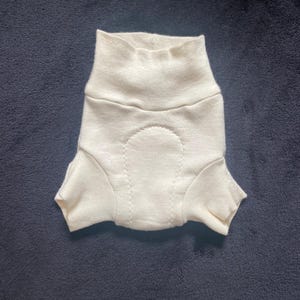 May include: Cream-colored cloth diaper with a high waistband and leg openings. The diaper features a quilted, oval-shaped absorbent pad in the center. The fabric appears soft and is designed for comfort.