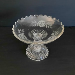 Crystal Compote Dish with Floral Etching , Vintage Glass Offering Bowl