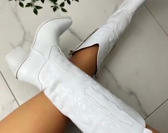 Bottes de cow-girl blanches, Bottes de cow-boy brodées blanches, Chaussures mode western pour femmes