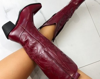 Bottes cowgirl rouge bordeaux, botte de rodéo élégante, botte western en cuir