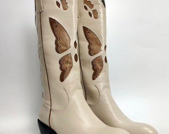 Biege Leather Cowboy Boots - Elegant Embroidered Butterfly Design, cowgirl boots, Classic Western Wear, Women's Fashion Boots,