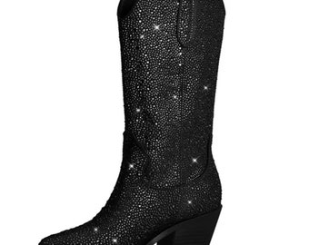 Black Rhinestone Cowgirl Boots | Black Sparkly Cowboy Boots | Glam Sparkle Pointed Toe Western Boot | Disco Cowgirl Boots