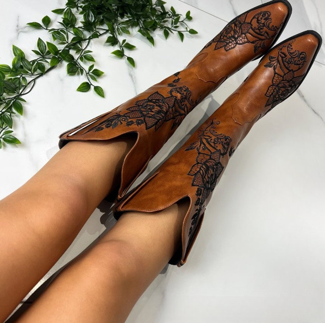 Camel Brown Flower Cowgirl Boots main image 0