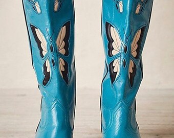 Womens cowgirl boots butterfly pattern western boots cowboy boots teal blue cowgirl boots