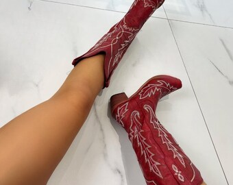 Red Cowgirl Boots, Red Cowboy Boots, Chic Red Western Cowboy Boots, Handcrafted Embroidered Women's Footwear