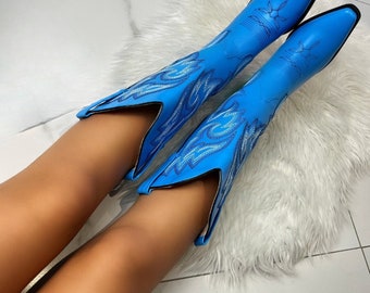 Blue Cowgirl Boots, Blue Western Boots, Pointed Toe Boots, Country Fashion, Vegan Leather