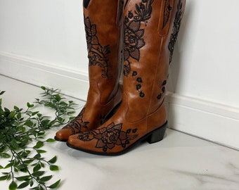 Brown Cowgirl Boots, Handcrafted Carmel Cowgirl Boots, Black Rose Embroidery