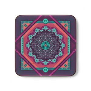 May include: Square coaster with a geometric design in shades of purple, teal, and coral. The coaster features the text "MAY" and "BARTON HALL CORNELL UNIVERSITY ITHACA, NY" around the edges, with the numbers "77" and "61".