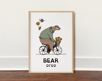 English-Italian animal forest poster | Bear | Digital download | Bilingual kids room printable educational art | Nursery wall decor