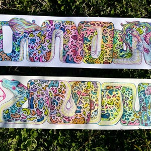 May include: Two watercolour paintings of colourful snakes with leopard print patterns. The top snake is curled in a circle with a long, flowing mane. The bottom snake is curled in a U shape.