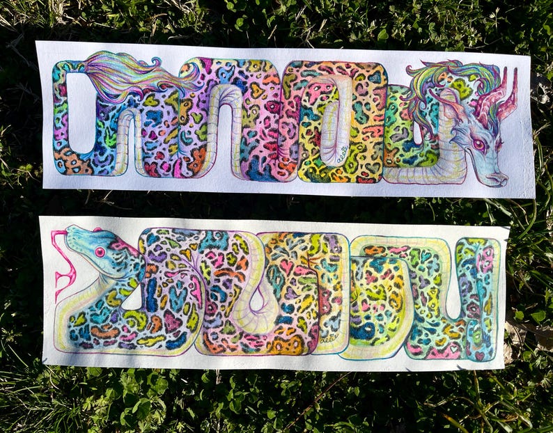 May include: Two watercolour paintings of colourful snakes with leopard print patterns. The top snake is curled in a circle with a long, flowing mane. The bottom snake is curled in a U shape.