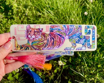 Watercolor Rainbow Tiger Bookmark | Laminated Nostalgic Waterproof Stationery