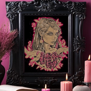 Feminine Pain - Digital Print by Allie Rane | Feminist Wall Decor | Gothic Wall Art | Pink & Black Eclectic Drawing | Hand drawn art gift