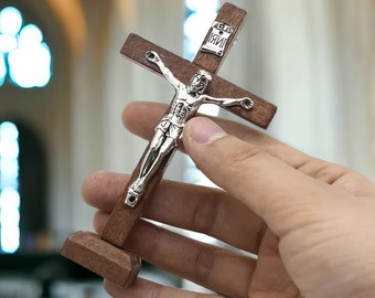 Vintage Wooden Crucifix | Antique Catholic Jesus Cross with Stand | Religious Tabletop Decor | Christian Home Altar Ornament