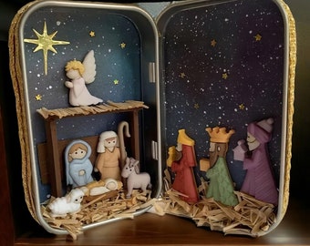 Handmade Christmas Nativity Cabin Box Theater | Desktop Ornaments | Jesus Nativity Set, Family | Charming Nativity Scene for Christmas Decor
