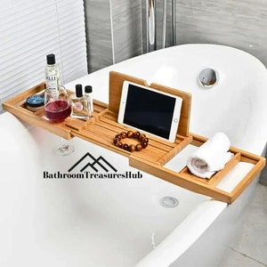 Estante para bañera, estante para cama, estante, bambú, expandible, iPad, bañera, accesorios de baño, soporte para computadora portátil, soporte para libros, estante para vinos, mesa de cama