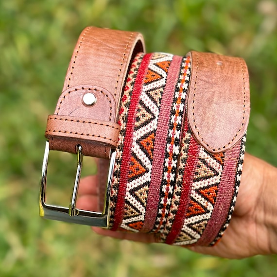 Handmade Full Grain Leather Belt, Moroccan Rug Design, 40mm  display picture 3