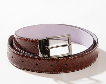 Handmade Brown Snake Leather Belt, Full Grain, Removable Buckle