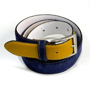 Handmade Suede Leather Belt, Blue Yellow Leather Suede Belt, Leather Suede Belt, Pin Buckle, Mens Belt, Womens Leather Belt, Gift belt