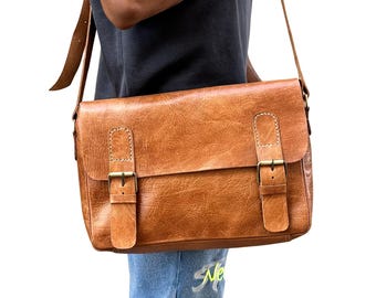 Handmade Full Grain Leather Crossbody Laptop Bag, 15 inch