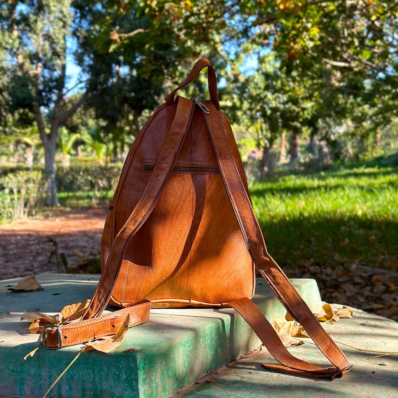 the back side of a womens backpack, rucksack, and zipped pocket. long adjustable zipped straps