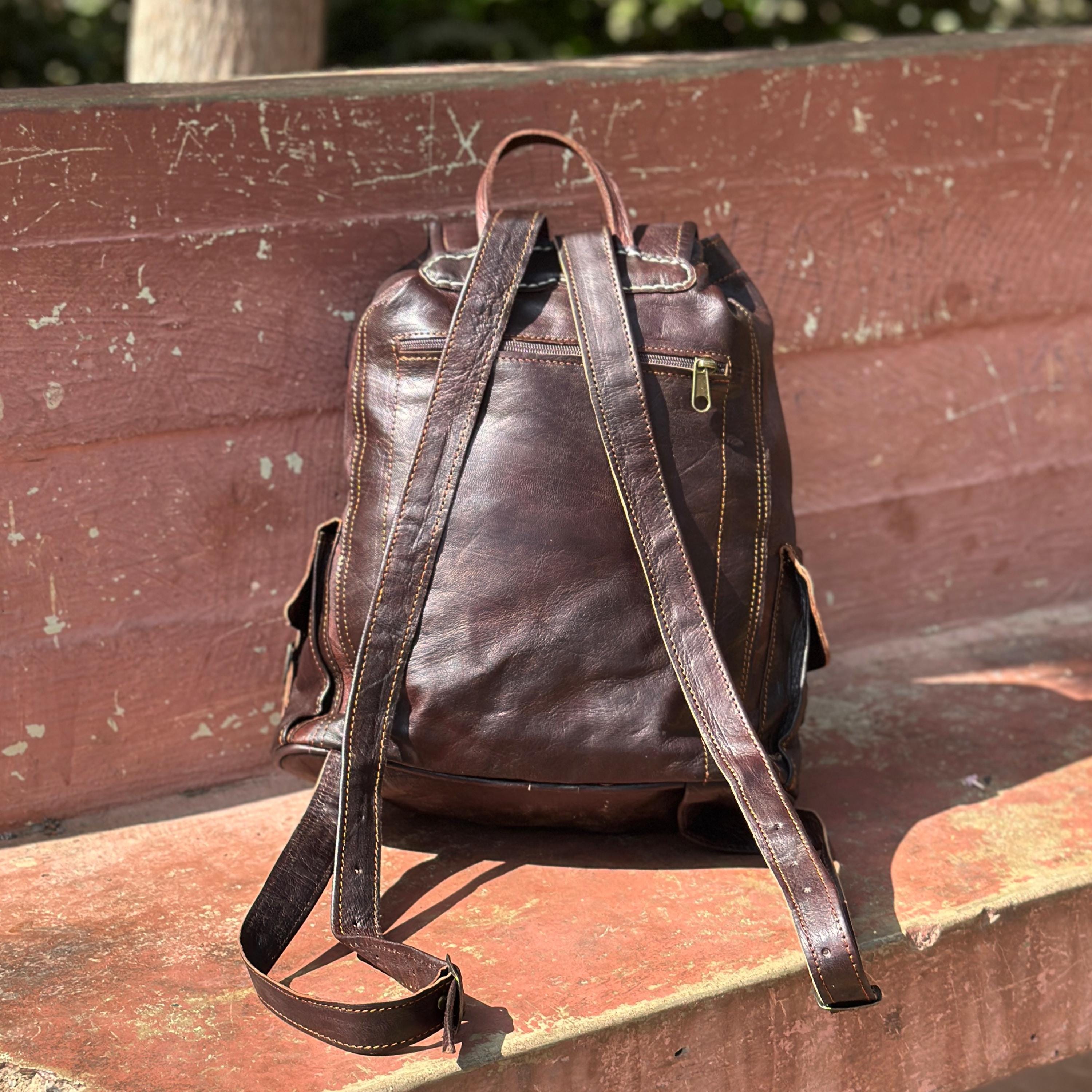 VINTAGE HANDMADE FULL GRAIN MOROCCAN BROWN LEATHER BACKPACK BAG Handmade Full Grain Brown Leather Backpack, Moroccan  main image 4