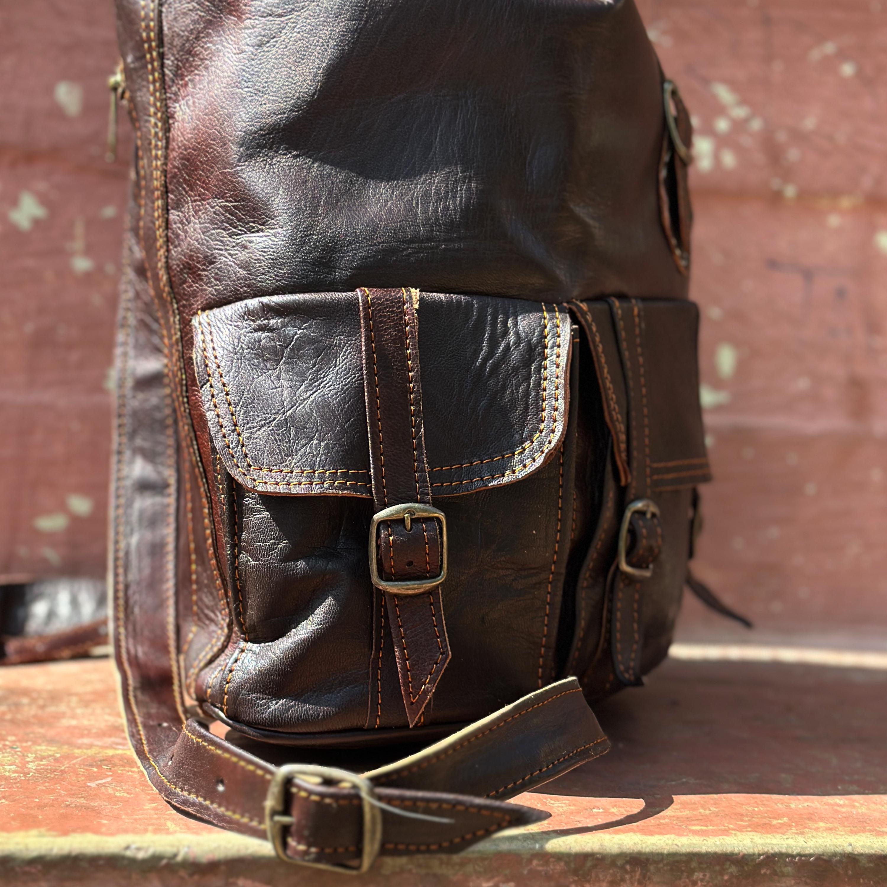 Handmade Full Grain Brown Leather Backpack, Moroccan 