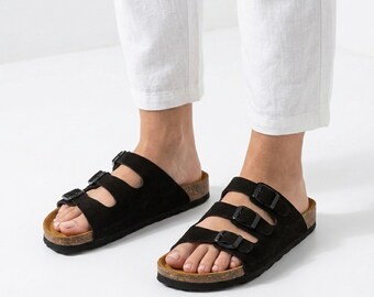 Handgemaakte suède kurksandalen, orthopedische comfortslippers, zwarte zomerschoenen