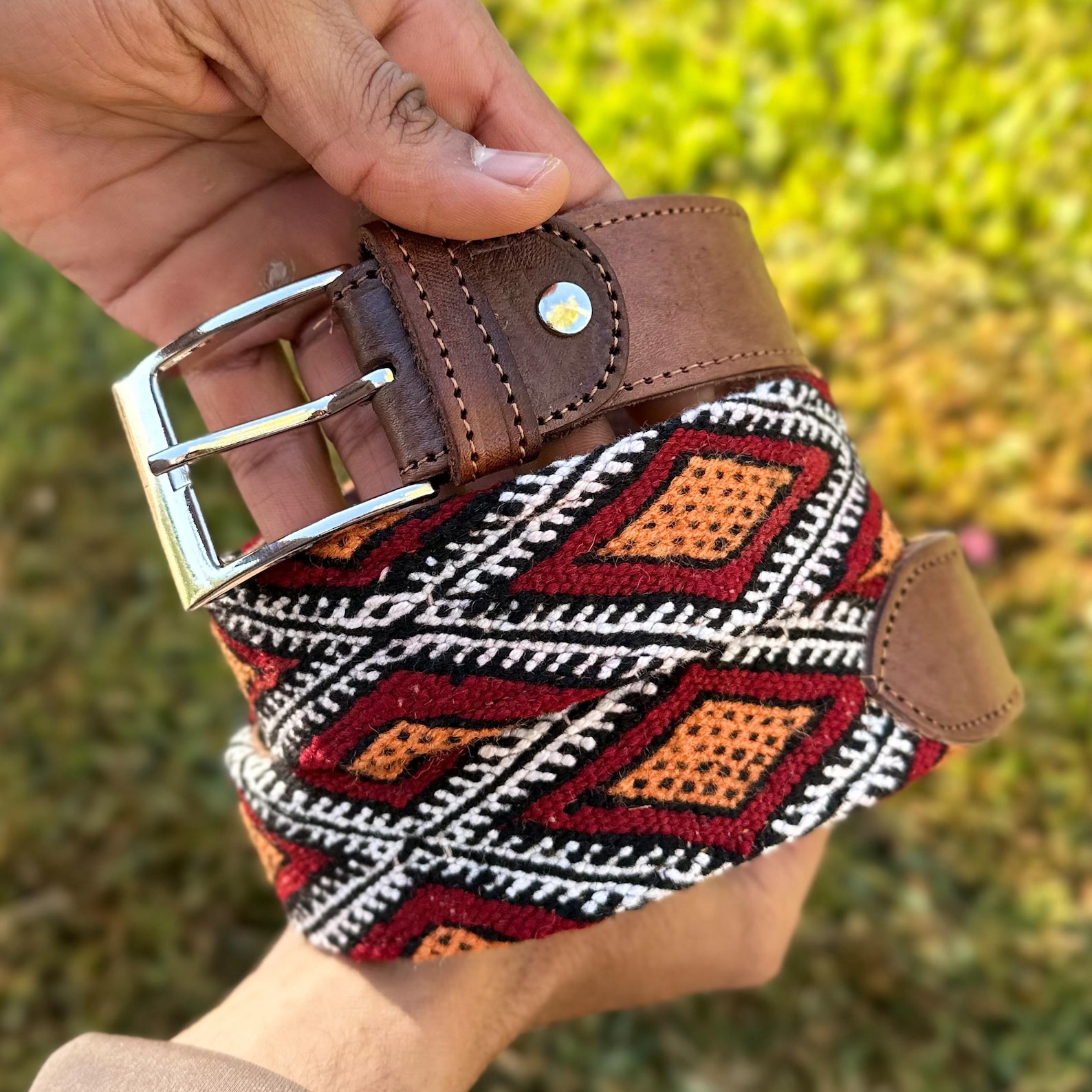 Handmade Rug Belt, Brown Leather Moroccan Rug Design Belt, Colored Rug ...