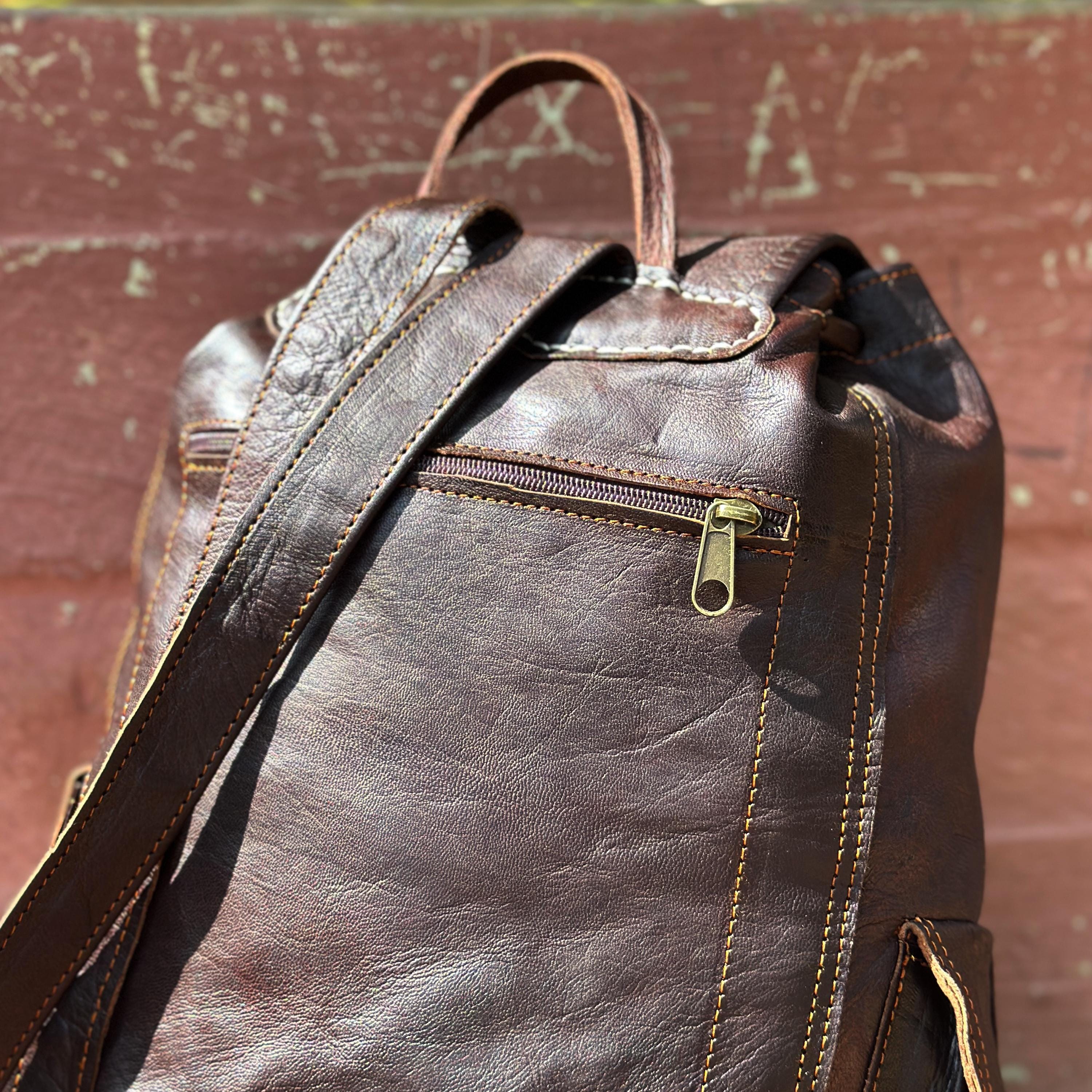 Handmade Full Grain Brown Leather Backpack, Moroccan  display picture 3