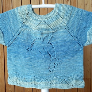 Può includere: Un maglione di lana blu chiaro per neonato con un delicato motivo a pizzo. Il maglione ha maniche corte e un collo rotondo.