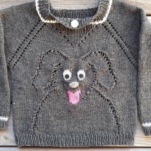Può includere: Un maglione di lana grigio scuro con un bordo bianco intorno al collo e ai polsini. Il maglione presenta un viso di cane nero con lingua rosa e occhi bianchi.