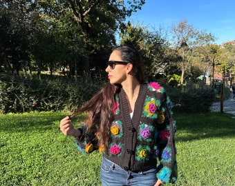 Handmade Black Crochet Cardigan, Cotton Granny Square, Rose Applique