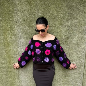 Rose Cardigan, Granny Square Crochet Cardigan, Black Crochet Cardigan, Winter Cardigan, Knit Cardigan for women, Gift for her