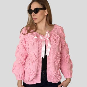 Pink bomber jacket, Bubble sweater, Chunky wool cardigan, Hand knitted pom pom Cardigan